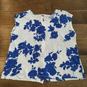 CYNTHIA ROWLEY White Blue Floral short-sleeve Linen Blouse Top - M